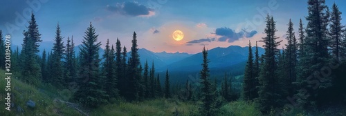 Majestic Mountain Moonset Over Evergreen Forest