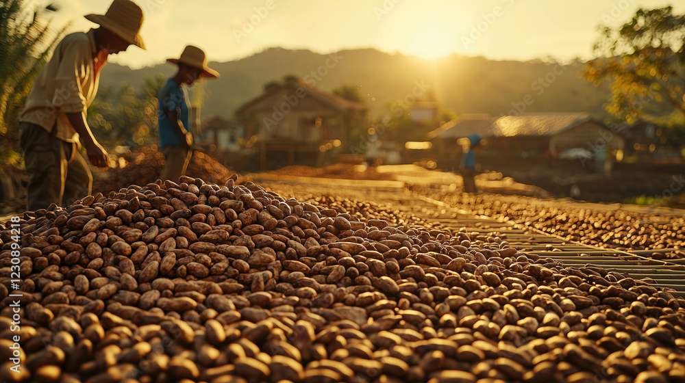 Sun-drying cacao beans: close up view of traditional chocolate production in rural setting