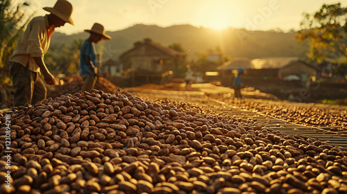 Obraz na płótnie Sun-drying cacao beans: close up view of traditional chocolate production in rural setting w salonie
