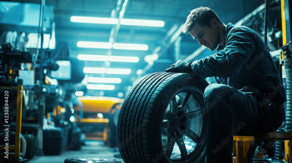 Obraz premium Young caucasian man inspecting car tire in auto workshop under bright industrial lights, focusing on maintenance and repair tasks