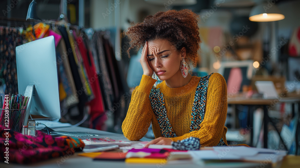 Fototapeta premium Young african woman in colorful sweater feeling frustrated while working at desk in creative clothing studio with computer and fabrics