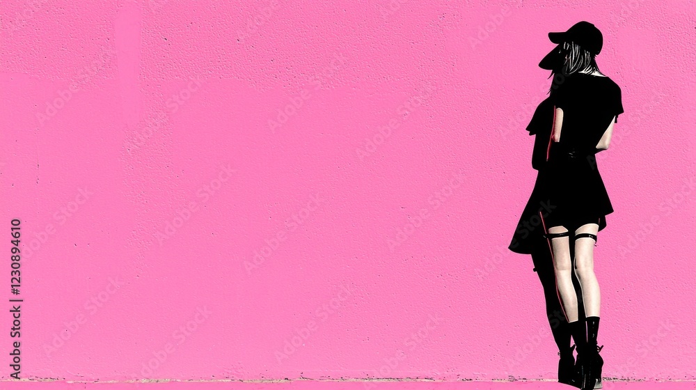 Woman, black dress, pink wall, urban scene, fashion Woman, black dress, pink wall, urban scene, fashion