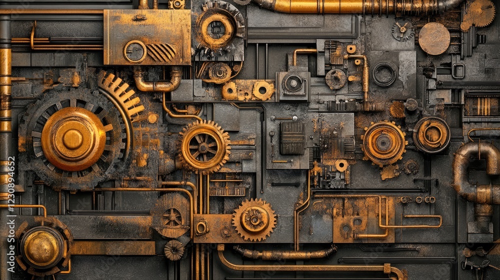 A bird's-eye view of an intricate network of gears and mechanical parts, creating a seamless industrial composition. A bird's-eye view of an intricate network of gears and mechanical parts, creating a seamless industrial composition.