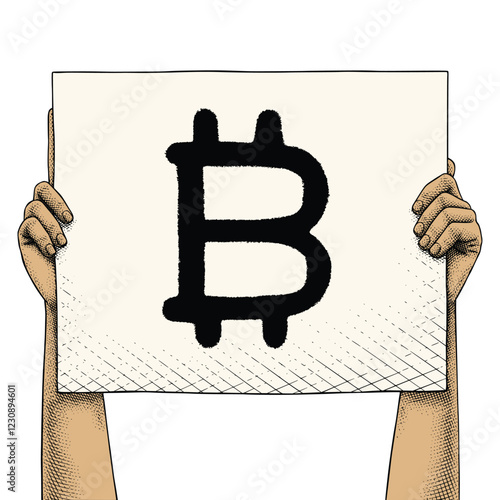 Hand raising a sign that says Bitcoin Icon Colored