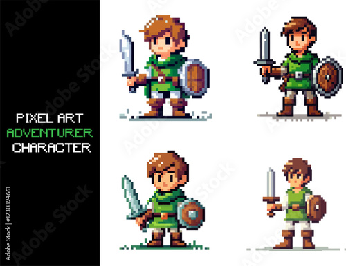 A pixel art depiction of an 8 bit adventurer character.