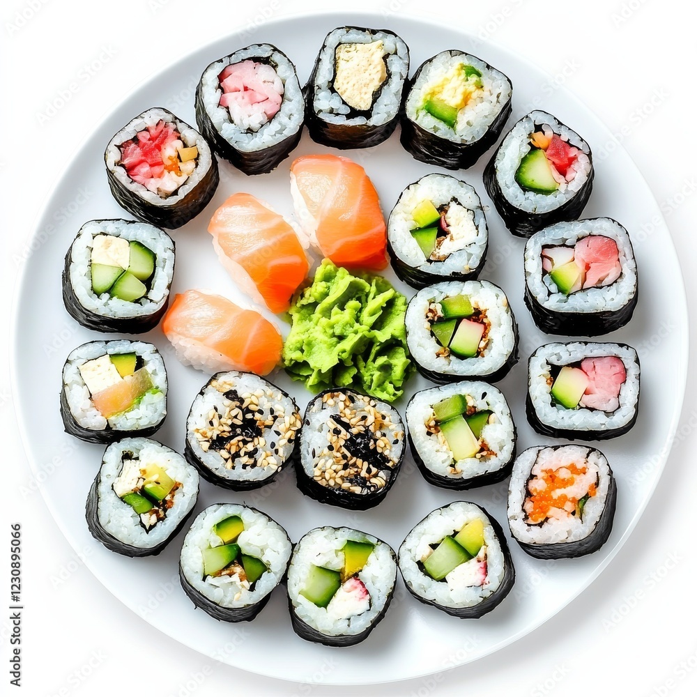 A platter of assorted sushi rolls with pickled ginger and wasabi, isolated white background, impressionism art style A platter of assorted sushi rolls with pickled ginger and wasabi, isolated white background, impressionism art style