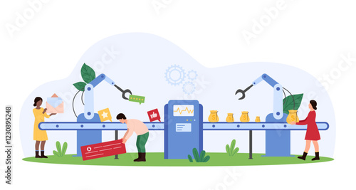 Tiny people working on lead generation, utilizing automated processes and analyzing data, focusing on marketing strategies and client acquisition vector illustration.