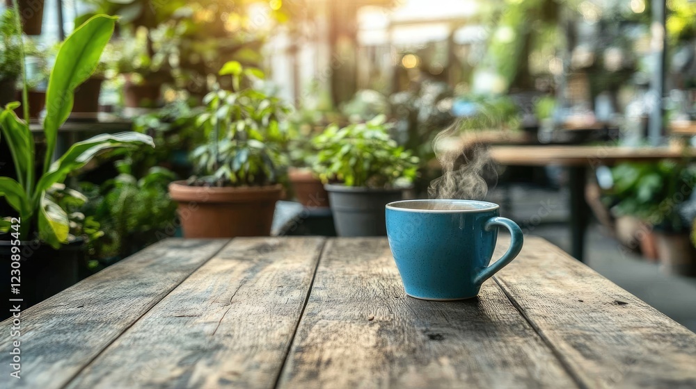 A close-up of a rustic wooden table with a steaming cup of tea, surrounded by potted plants and cascading greenery in a nature caf. A close-up of a rustic wooden table with a steaming cup of tea, surrounded by potted plants and cascading greenery in a nature caf.