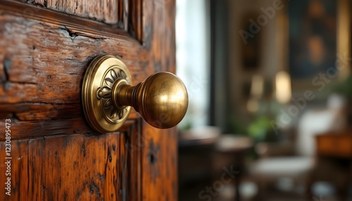 Antique Brass Door Knob on Wooden Door
