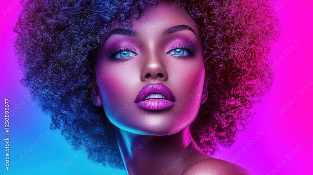Fototapeta premium A stunning woman with curly hair and vibrant makeup against a colorful background.