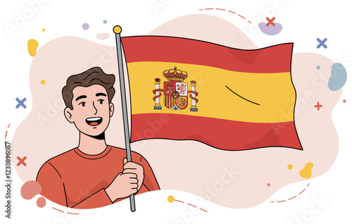 Minimalist flat style vector of Spanish man waving his national flag