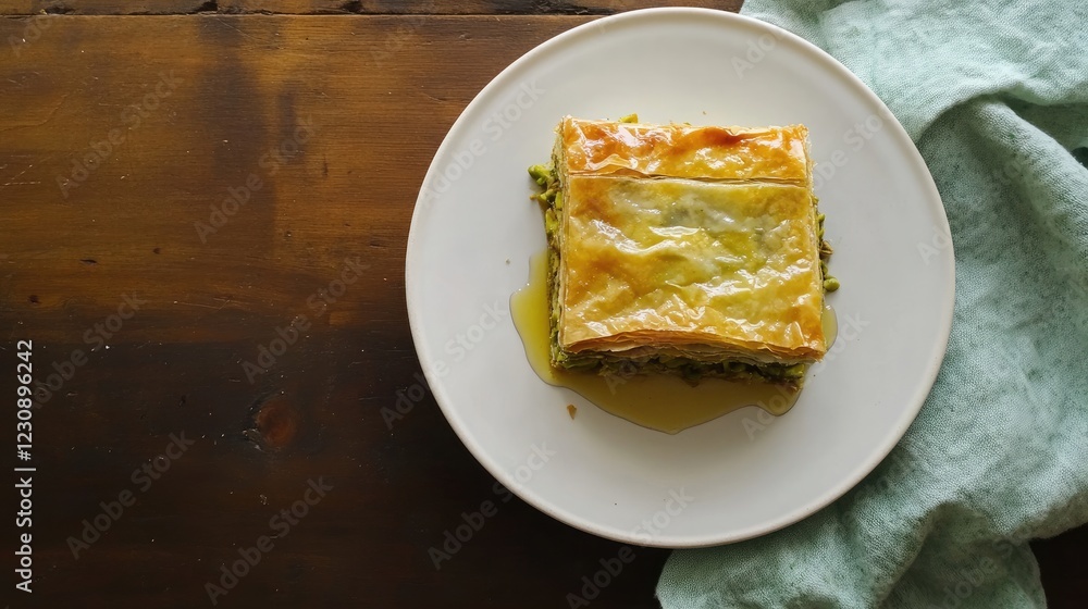A delicate pistachio-filled baklava with layers of flaky pastry and a drizzle of honey on a white plate. A delicate pistachio-filled baklava with layers of flaky pastry and a drizzle of honey on a white plate.