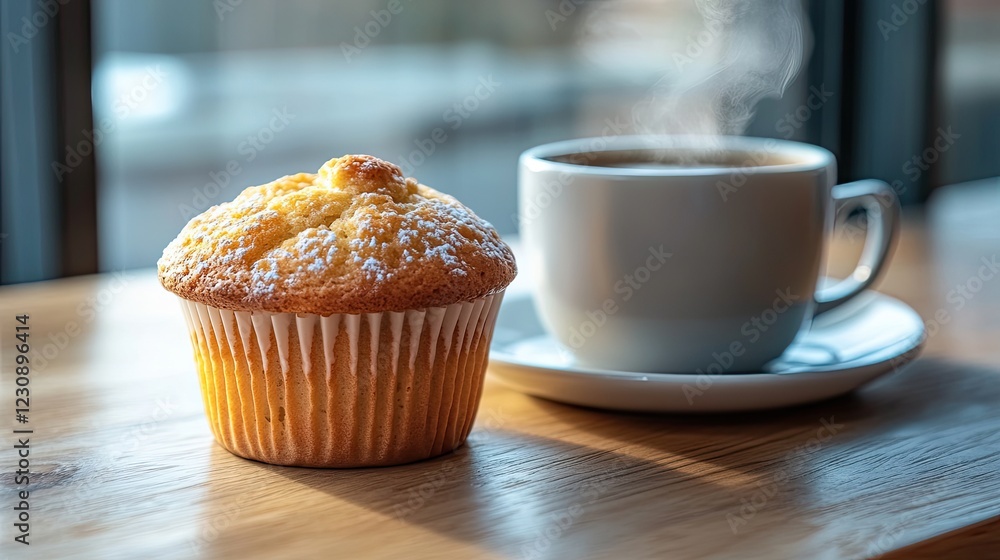 A freshly baked muffin with a golden top, placed next to a steaming cup of coffee on a caf table. A freshly baked muffin with a golden top, placed next to a steaming cup of coffee on a caf table.