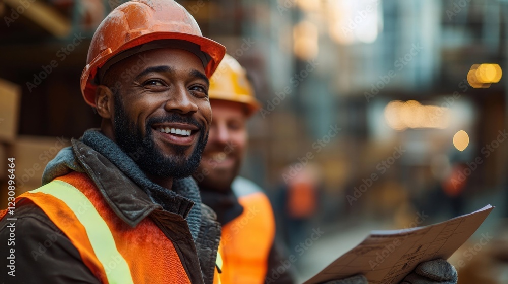 Construction workers smiling while reviewing plans at a construction site. Generative AI Construction workers smiling while reviewing plans at a construction site. Generative AI