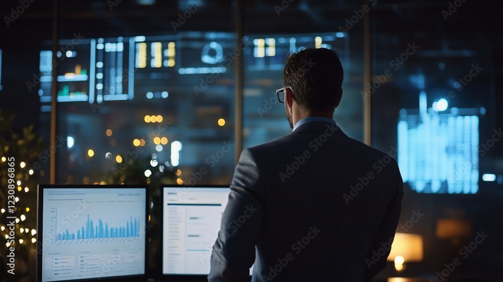 Man in suit observes financial data on multiple computer screens at night Man in suit observes financial data on multiple computer screens at night