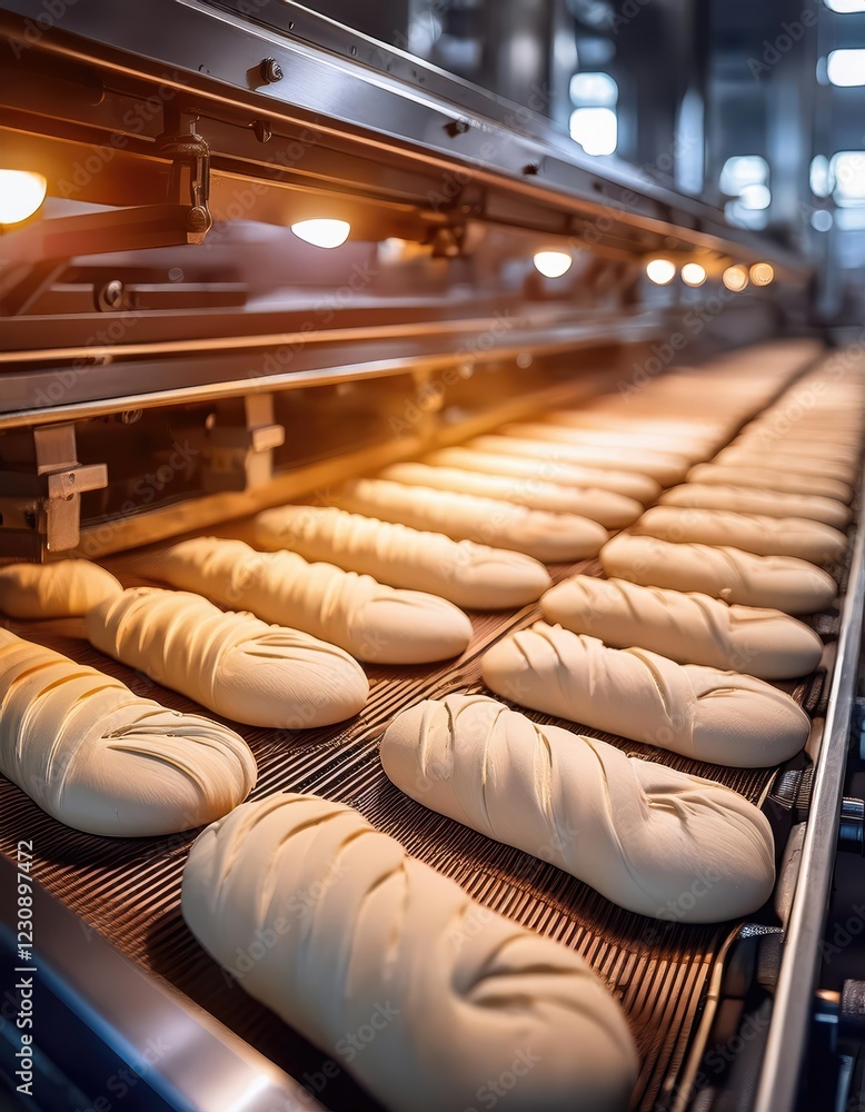Obraz premium Freshly prepared dough loaves baking in industrial oven