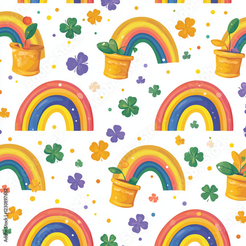 Seamless St. Patrick’s Day Pattern with Rainbows, Pots of Gold, and Clovers – Vector Design