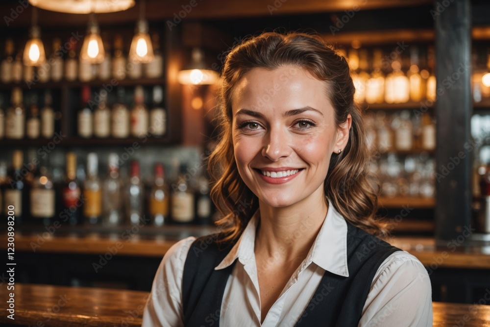 close portrait of a 40s smiling Russian female bartender against blurred bar background close portrait of a 40s smiling Russian female bartender against blurred bar background