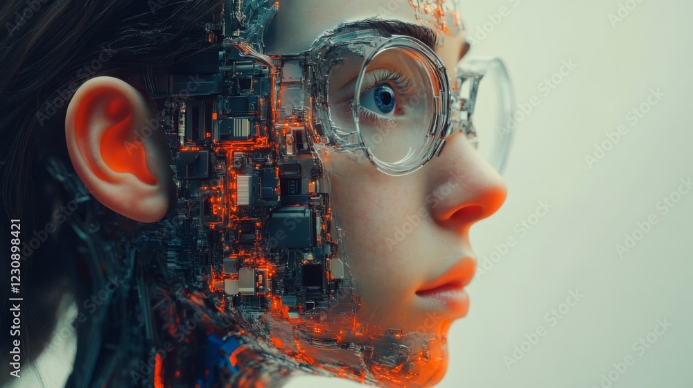 Woman with Circuitry Face Profile Portrait Woman with Circuitry Face Profile Portrait