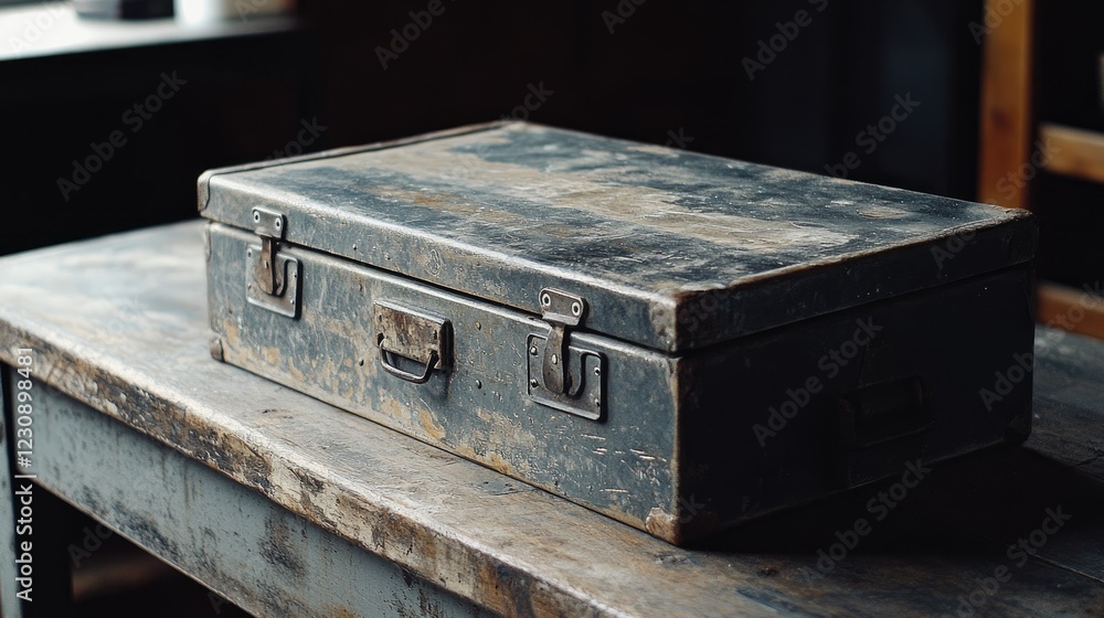 Fototapeta premium A rugged, industrial-style toolbox with metal latches and scratches, resting on a weathered steel workbench.