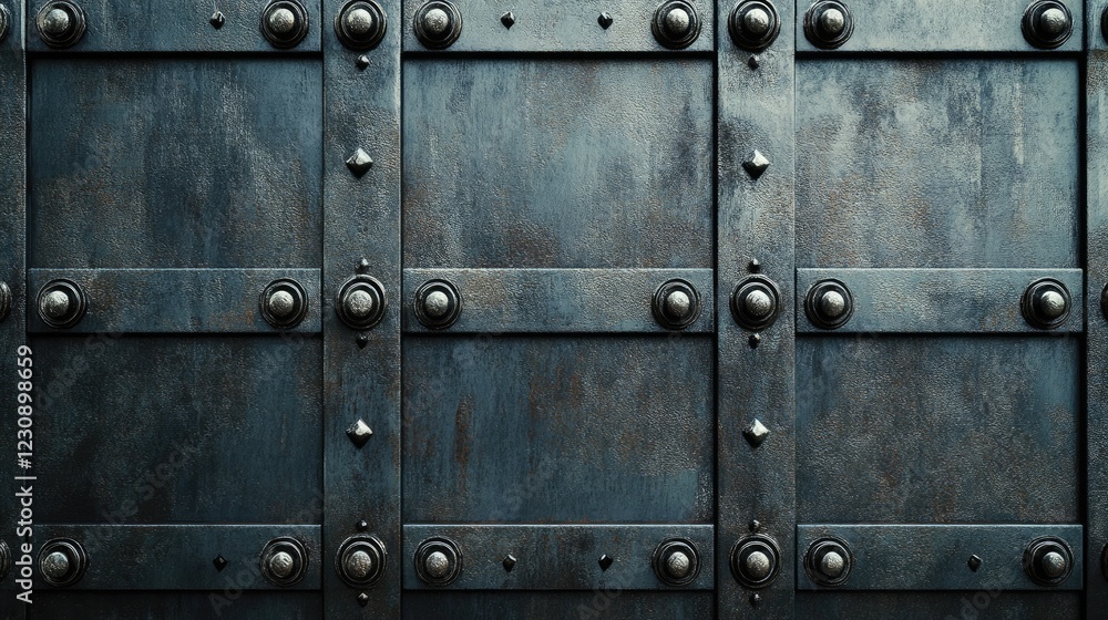 Fototapeta premium A seamless grid of metal plates with bolts and rivets, forming an industrial mechanical backdrop.