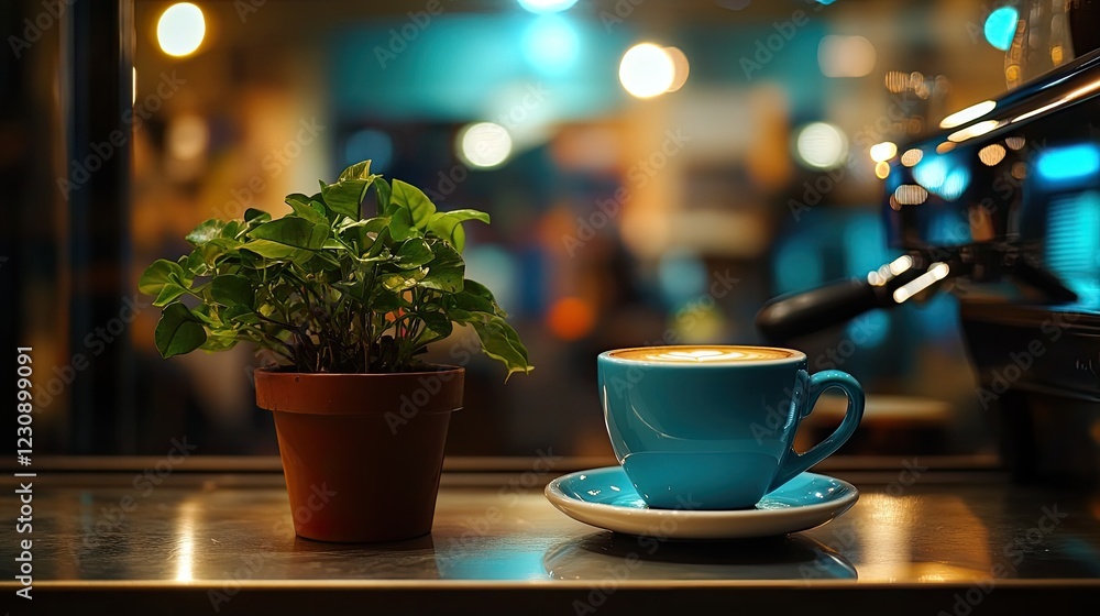 A steaming espresso cup placed next to a small potted plant on a coffee shop counter. A steaming espresso cup placed next to a small potted plant on a coffee shop counter.
