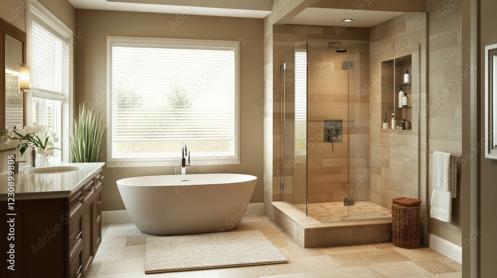 An elegantly designed minimalist bathroom showcasing a freestanding tub, a walk-in shower with clear glass, and neutral tiles, creating a tranquil spa-like atmosphere. An elegantly designed minimalist bathroom showcasing a freestanding tub, a walk-in shower with clear glass, and neutral tiles, creating a tranquil spa-like atmosphere.