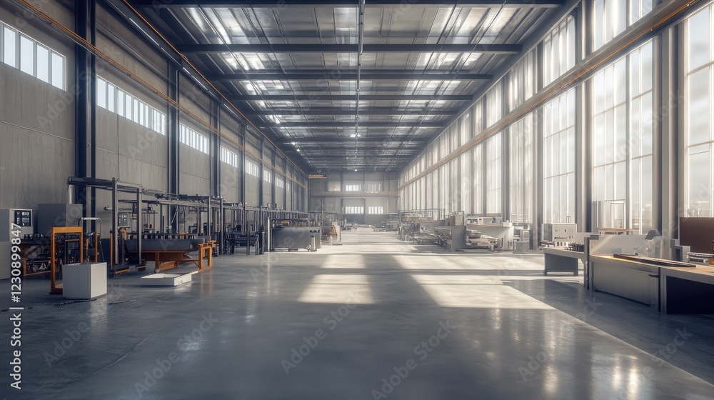 A warehouse-style factory layout with organized metal components, precision cutting tools, and large workstations. A warehouse-style factory layout with organized metal components, precision cutting tools, and large workstations.