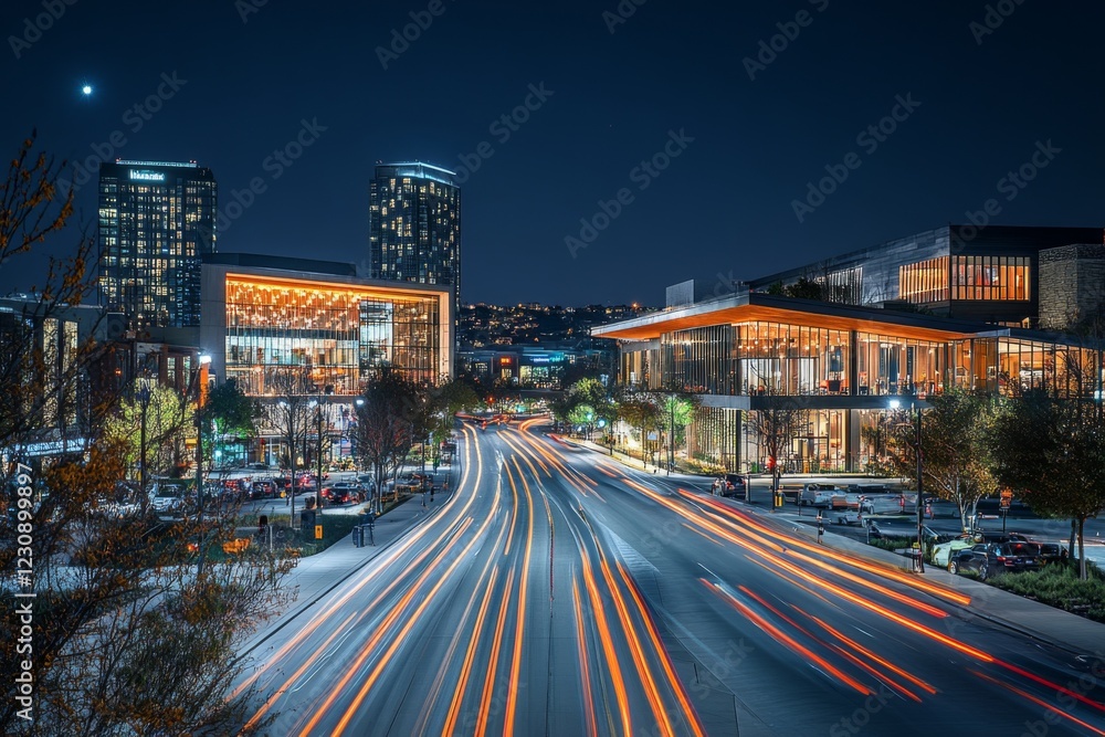 Fototapeta premium Night cityscape with car light trails and skyscrapers