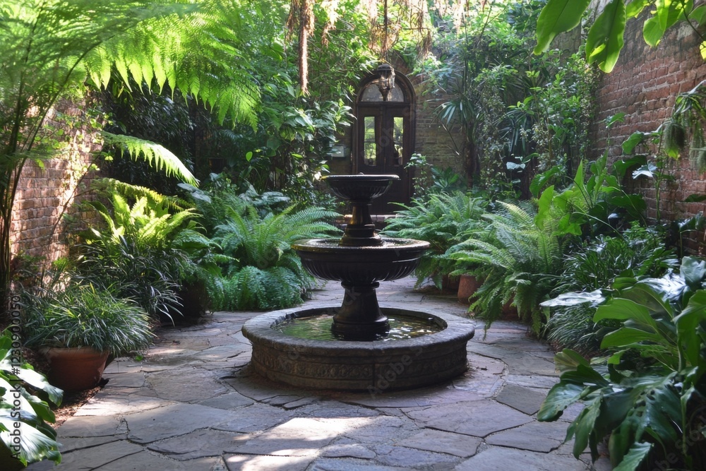 Small garden courtyard with fountain and tropical plants Small garden courtyard with fountain and tropical plants