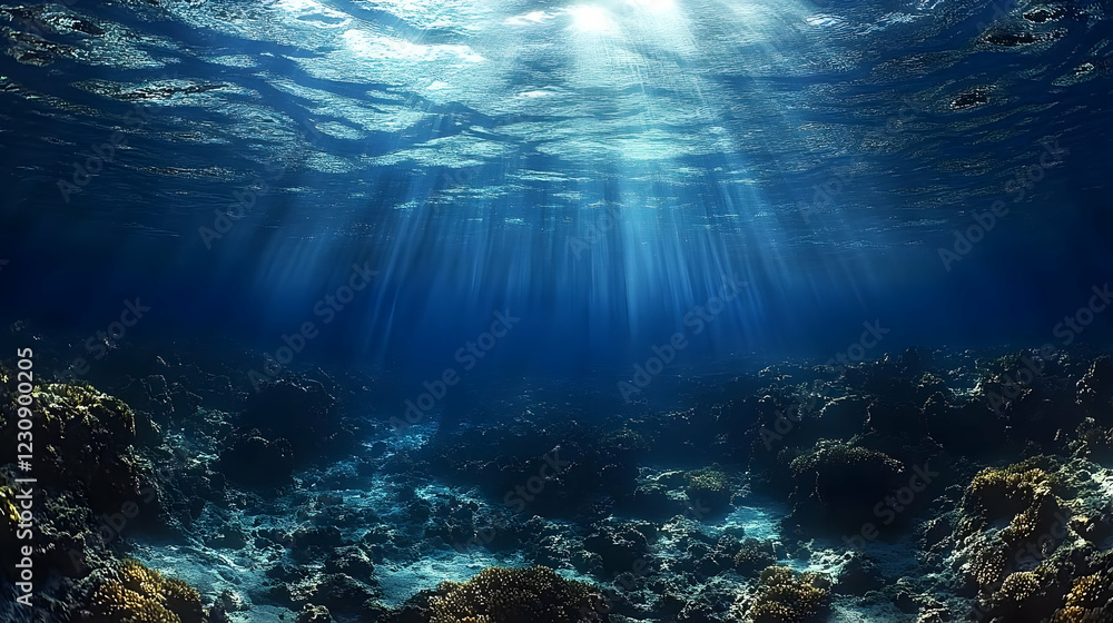 Fototapeta premium Underwater Sunlight Rays Illuminating Dark Blue Ocean Floor