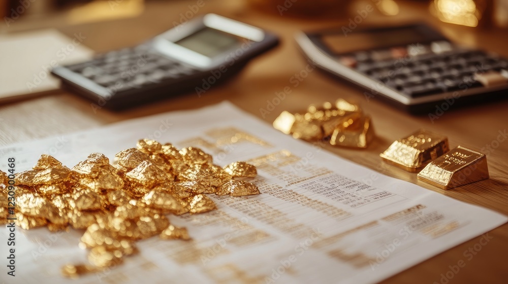 An engaging close-up of a financial report featuring a gold chart, highlighting the historical price movements of gold over the years, set on a polished wooden desk with a calculator and notepad. An engaging close-up of a financial report featuring a gold chart, highlighting the historical price movements of gold over the years, set on a polished wooden desk with a calculator and notepad.
