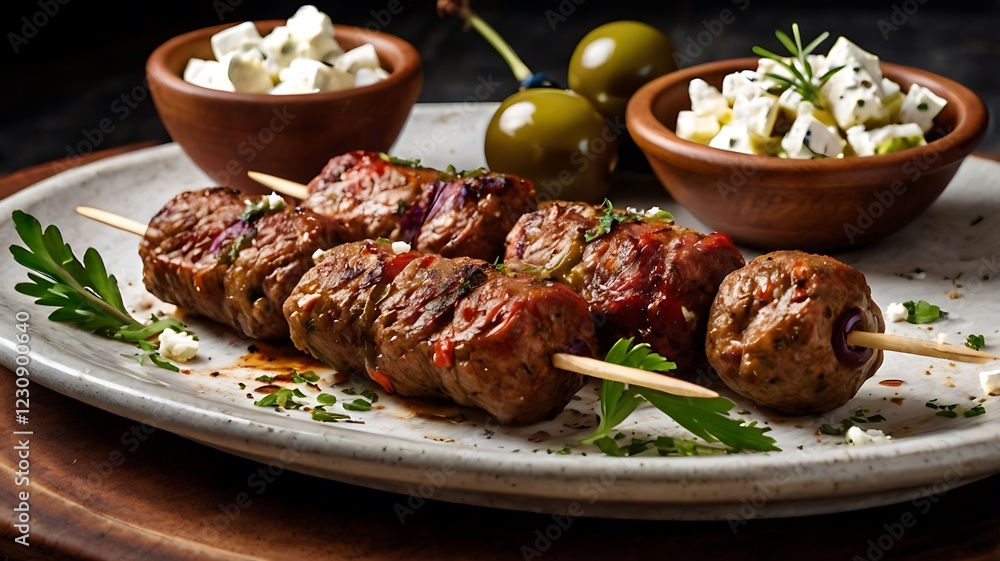 Barbecue meat. Grilled pork skewers on wooden table. Barbecue meat. Grilled pork skewers on wooden table.