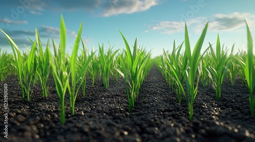 Lush Green Grass Growing in Soil Under Bright Blue Sky with Fluffy Clouds photo