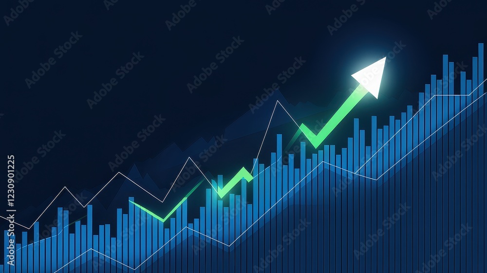 An upward-trending graph representing business growth and success with vibrant green and blue colors against a dark background. An upward-trending graph representing business growth and success with vibrant green and blue colors against a dark background.