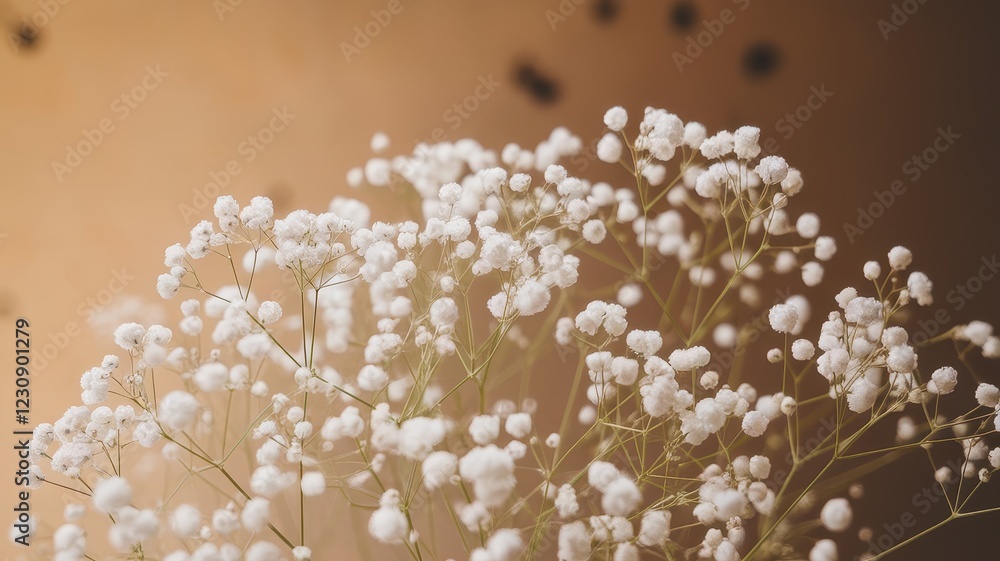 A delicate arrangement of white gypsophila flowers against a soft, neutral background, creating a serene and elegant atmosphere. A delicate arrangement of white gypsophila flowers against a soft, neutral background, creating a serene and elegant atmosphere.