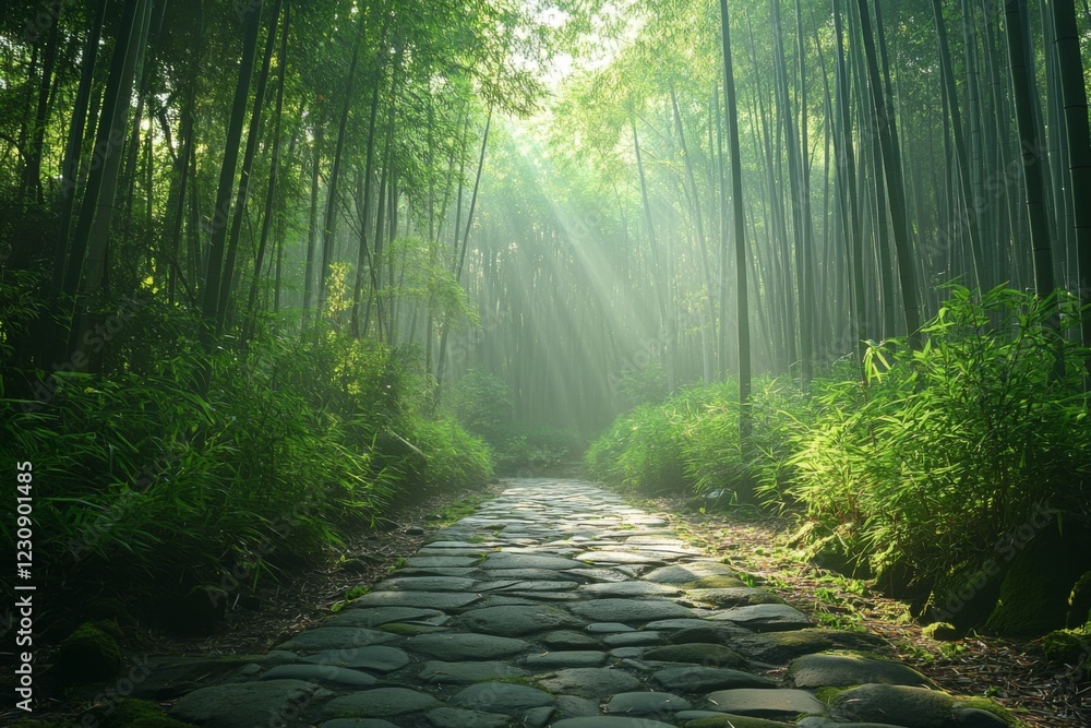 Obraz premium Sunlit forest path surrounded by tall lush trees