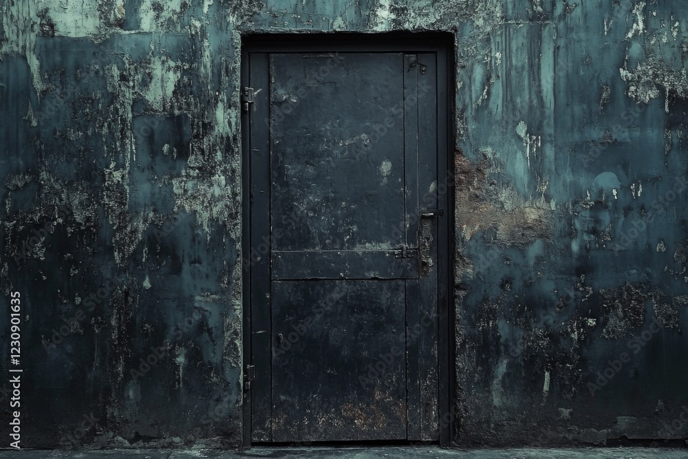 Dark mysterious door in an aged wall with textured surface Dark mysterious door in an aged wall with textured surface