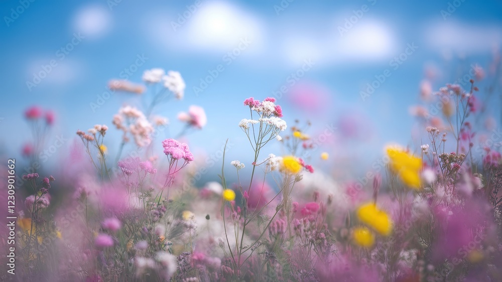 A vibrant field of wildflowers in various colors under a bright blue sky, creating a serene and peaceful atmosphere. A vibrant field of wildflowers in various colors under a bright blue sky, creating a serene and peaceful atmosphere.