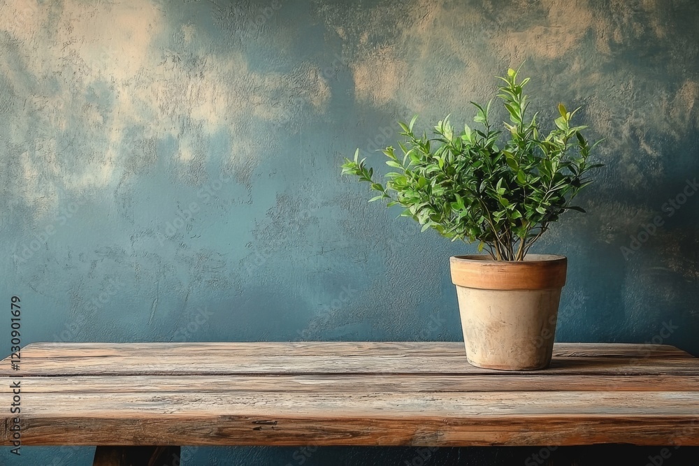Green potted plant on a wooden table against a blue wall Green potted plant on a wooden table against a blue wall