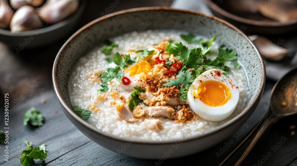 A beautifully styled hot bowl of rice porridge with chicken, topped with a soft-boiled egg and garnished with crispy garlic and herbs, perfect for a comforting meal. A beautifully styled hot bowl of rice porridge with chicken, topped with a soft-boiled egg and garnished with crispy garlic and herbs, perfect for a comforting meal.