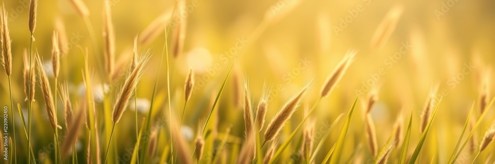Golden grass swaying gently in the breeze against a warm, glowing background