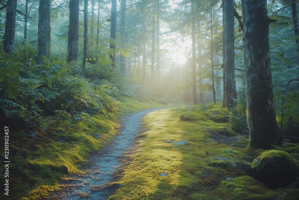 Obraz premium Path through a forest with sunlight filtering through trees