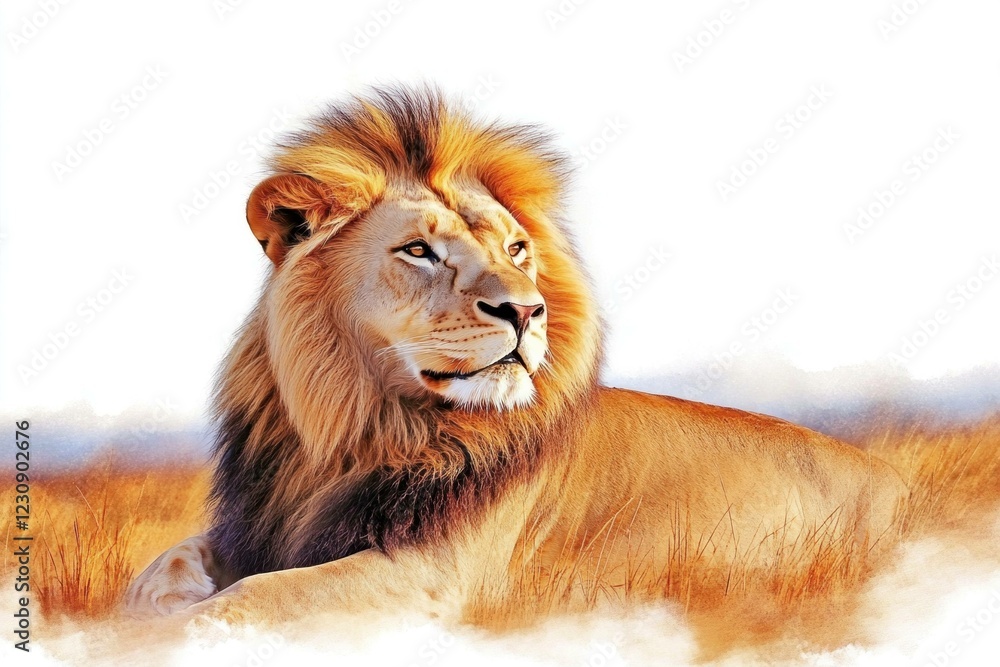 Naklejka premium Majestic lion resting in golden grassland, showcasing strength and serenity, ideal for wildlife enthusiasts and nature lovers