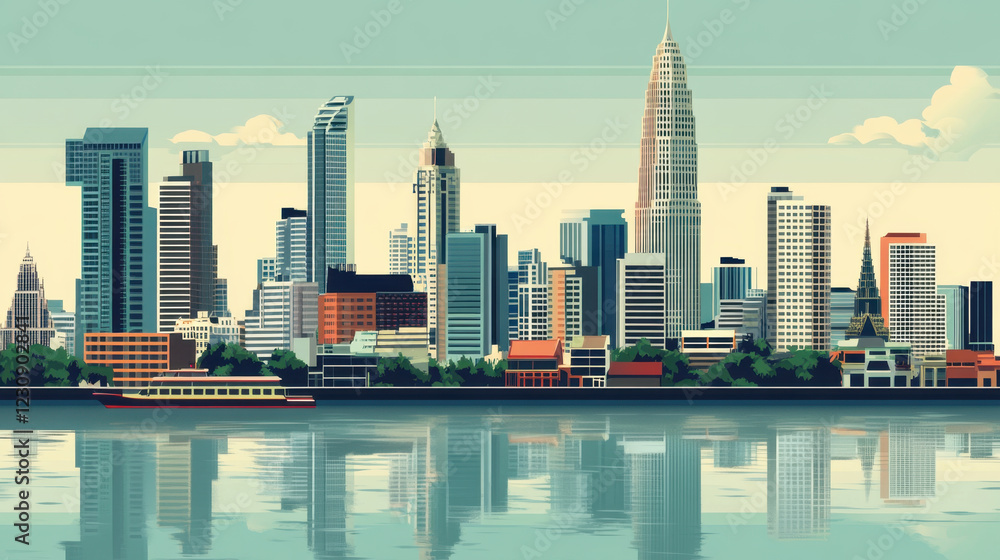 Obraz premium vibrant Bangkok skyline featuring modern skyscrapers and traditional architecture reflected in water, showcasing city unique blend of cultures and styles