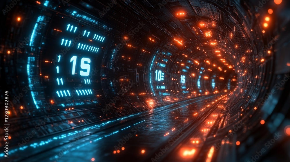 Futuristic Digital Matrix Tunnel with Glowing Numbers. Generative AI Futuristic Digital Matrix Tunnel with Glowing Numbers. Generative AI