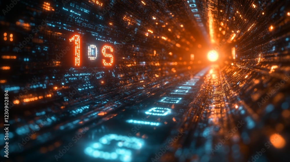 Futuristic Glowing Matrix Tunnel with Binary Numbers. Generative AI Futuristic Glowing Matrix Tunnel with Binary Numbers. Generative AI