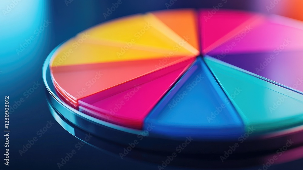 Fototapeta premium A close-up of a D pie chart with gradient colors, showcasing financial statistics, with each slice separated for emphasis, placed on a sleek, reflective surface.
