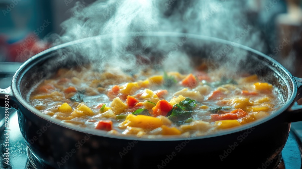 A close-up of a bubbling pot of soup with colorful ingredients, steam wafting upward, highlighting the warmth and comfort of hearty meals during chilly days. A close-up of a bubbling pot of soup with colorful ingredients, steam wafting upward, highlighting the warmth and comfort of hearty meals during chilly days.