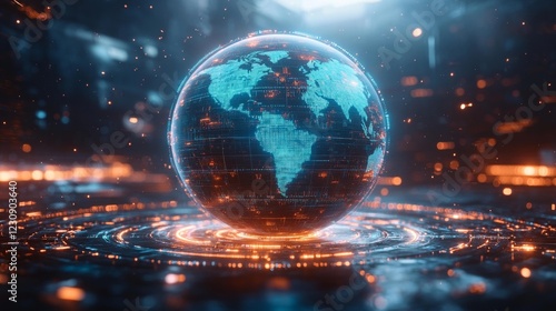 Global technology concept with a glowing blue digital sphere. Generative AI